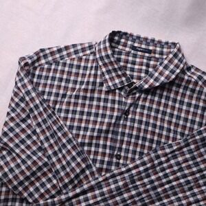 Zegna Sport Mens Checked Button Down Shirt Tapered Fit Navy Brown White Large L